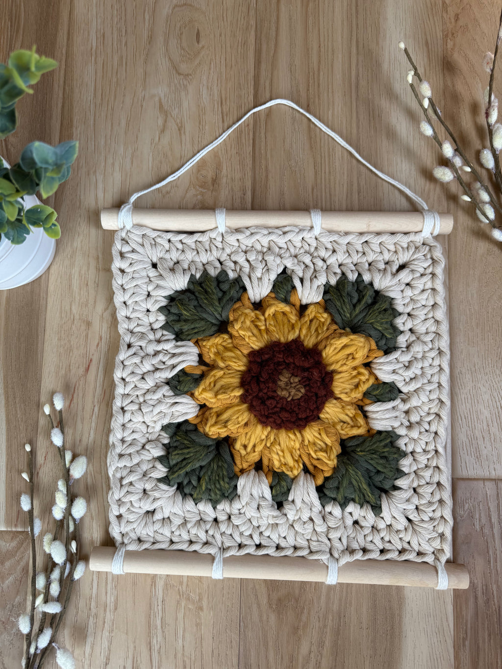 Sunflower embroidered granny square wall decor