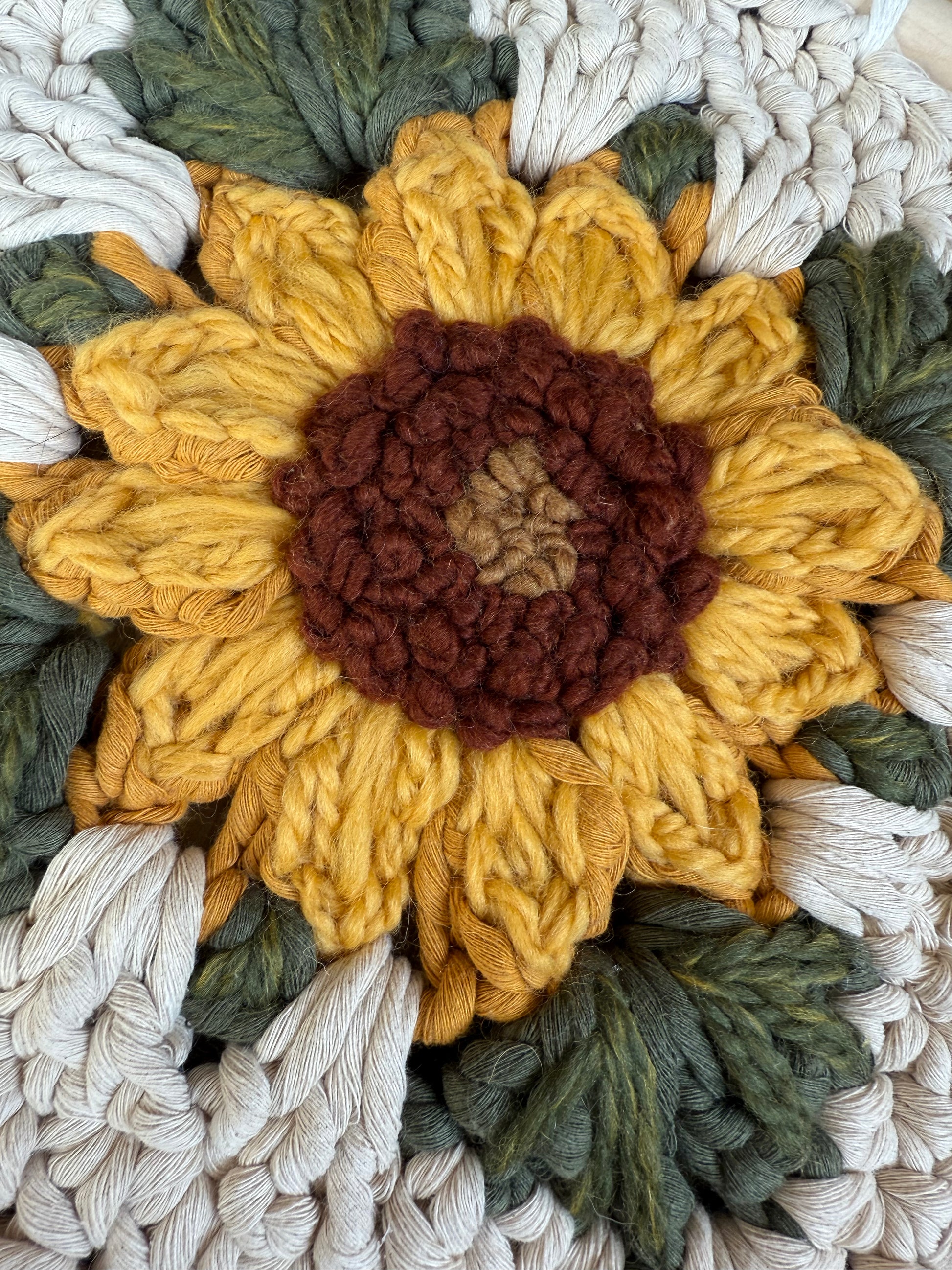 Sunflower embroidered granny square wall decor