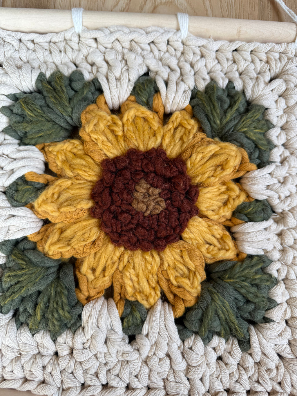 Sunflower embroidered granny square wall decor