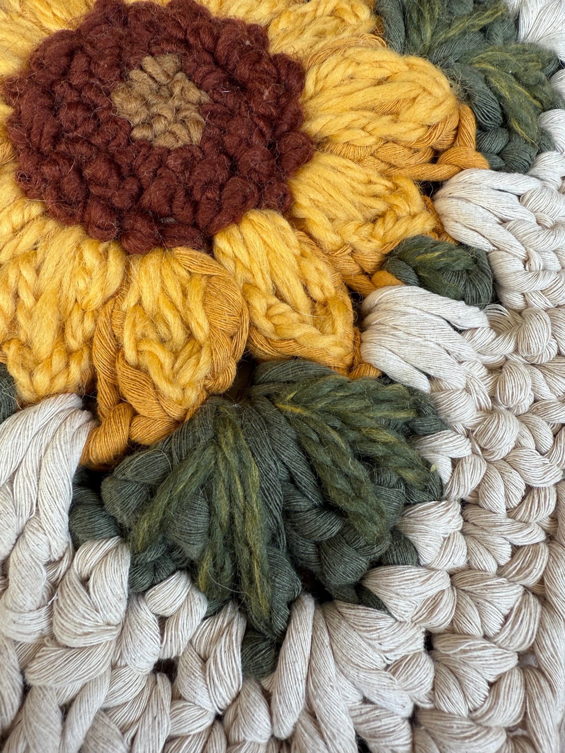 Sunflower embroidered granny square wall decor