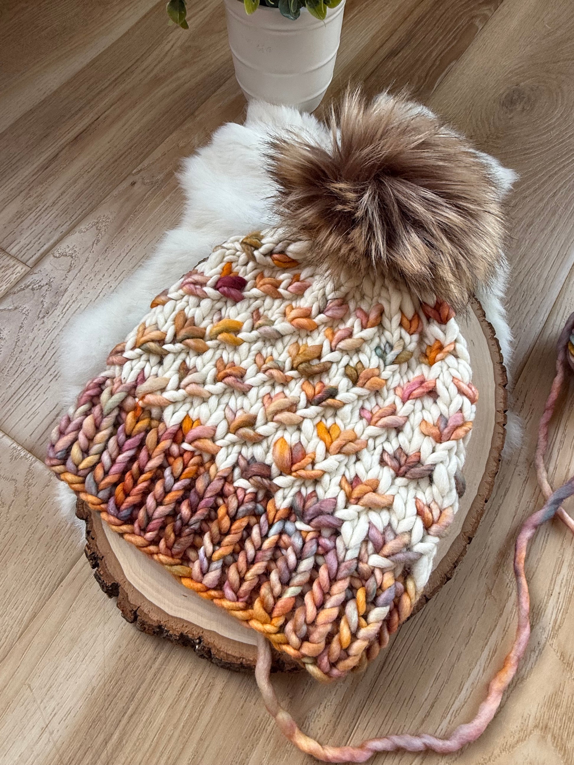 Merino wool knit hat - fall leaves