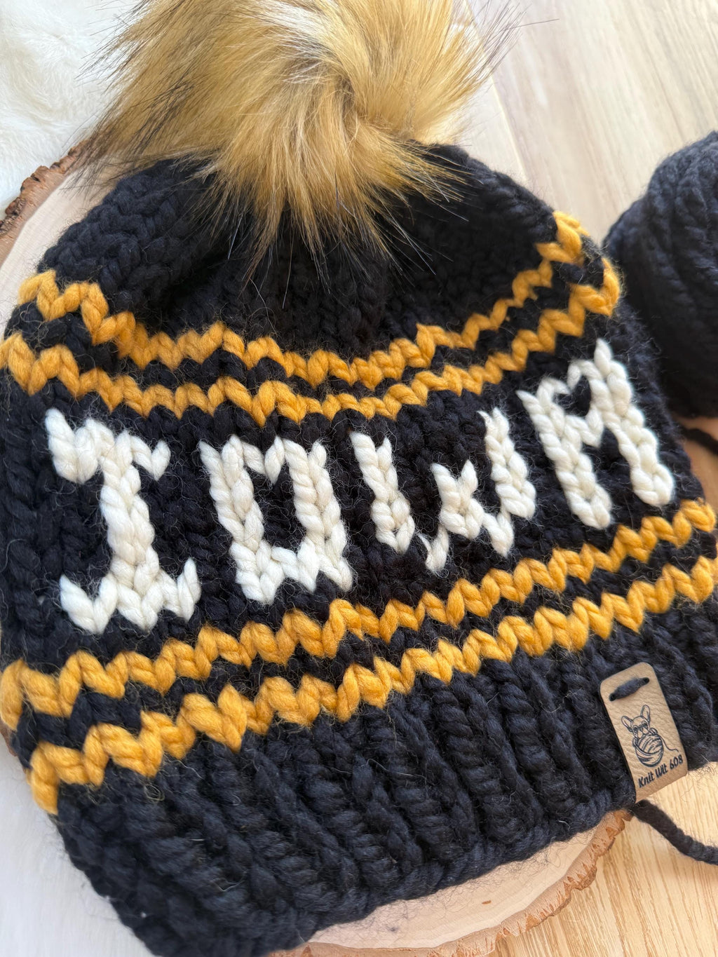 Iowa winter hat, black and yellow knit hat, Iowa Hawkeye color hat