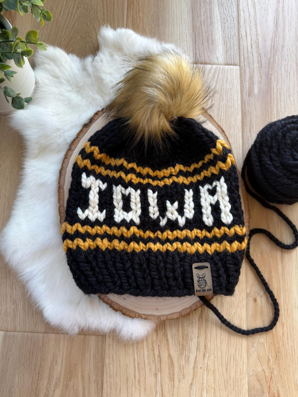 Iowa winter hat, black and yellow knit hat, Iowa Hawkeye color hat