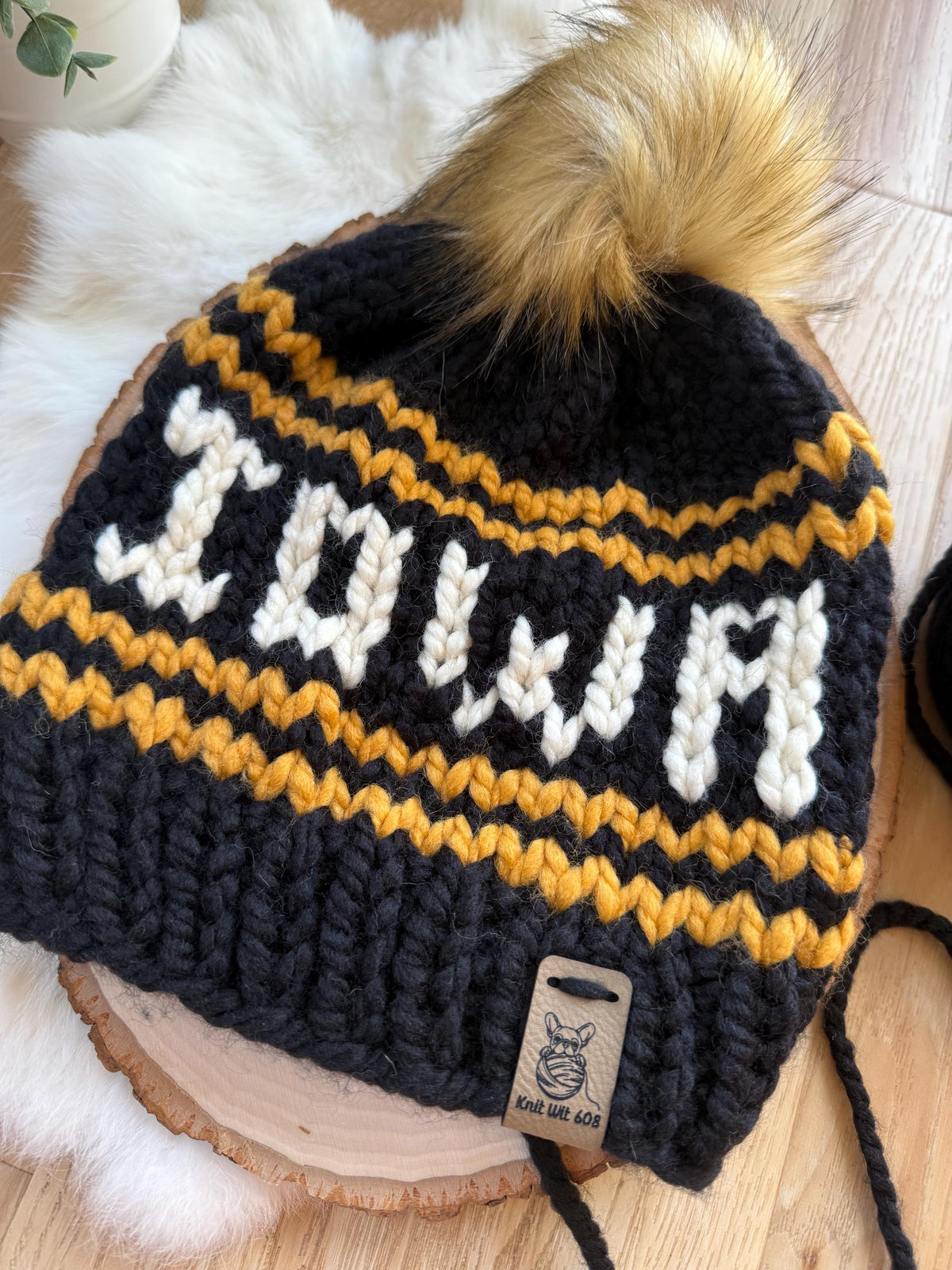 Iowa winter hat, black and yellow knit hat, Iowa Hawkeye color hat