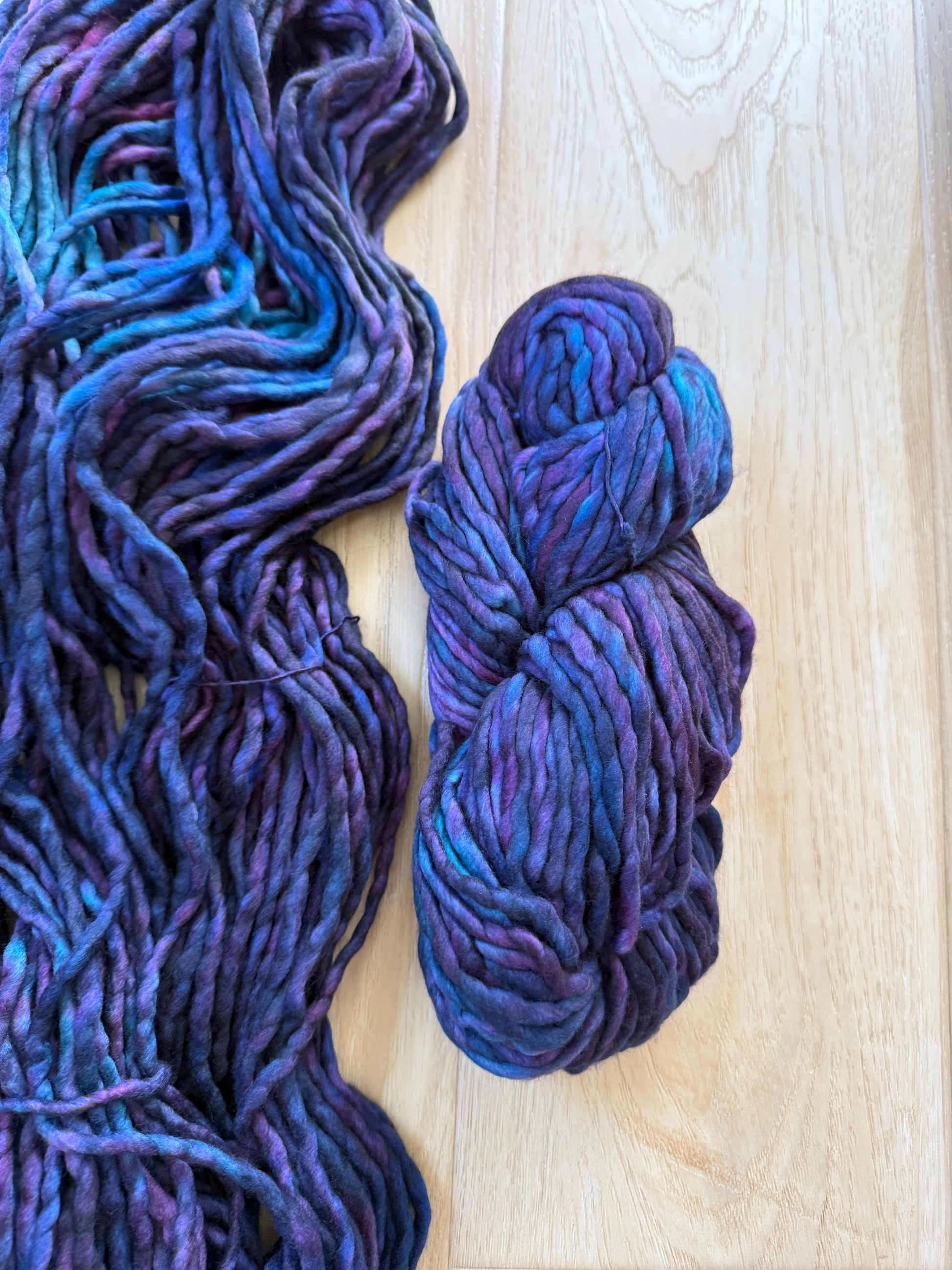 Malabrigo Rasta Whales Road Merino wool super bulky yarn, blue and purple wool yarn